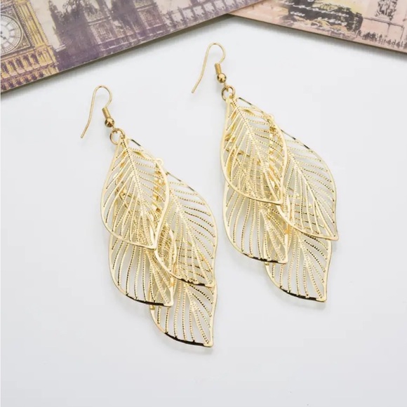 Gold Leaf Shape Drop Dangle Earrings - Picture 2 of 4